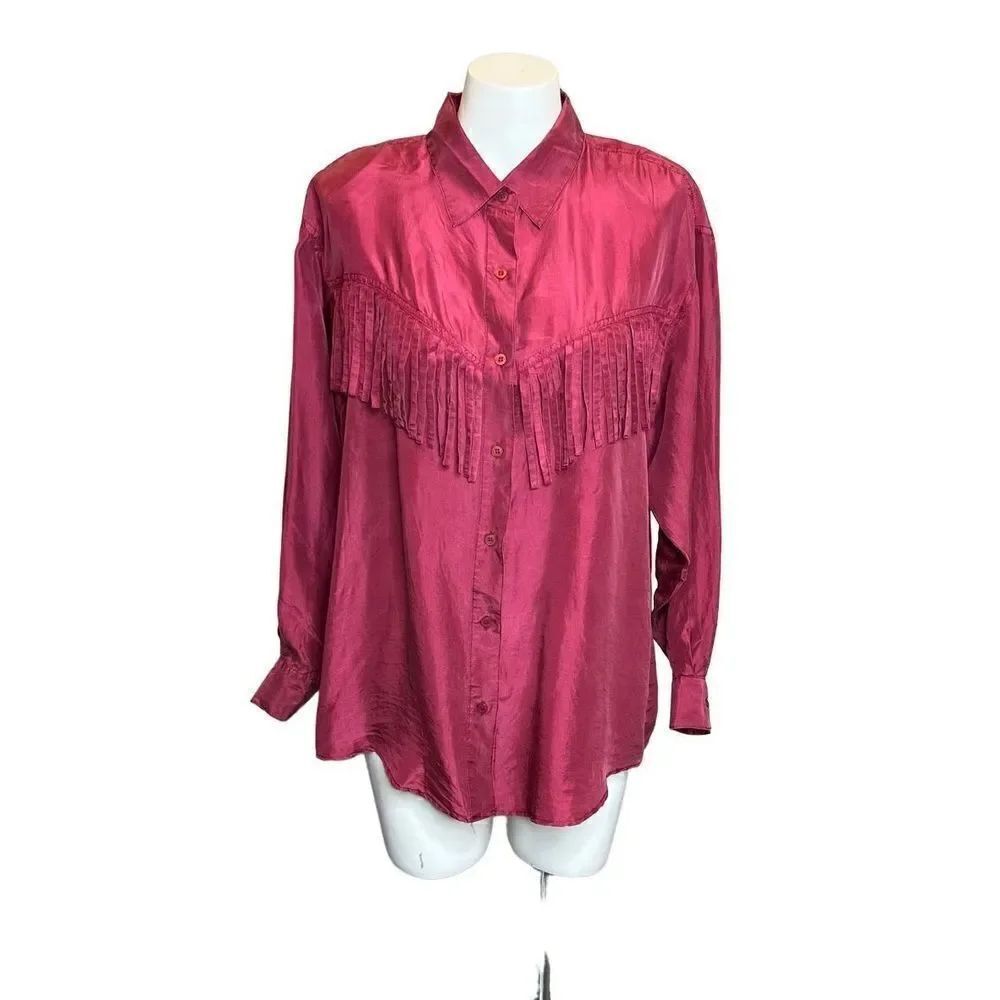 Vintage magenta silk long sleeve button up shirt with fringe size S